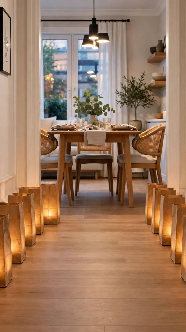 Brown paper bag luminarias with LED tea lights lining an apartment hallway toward the dining room