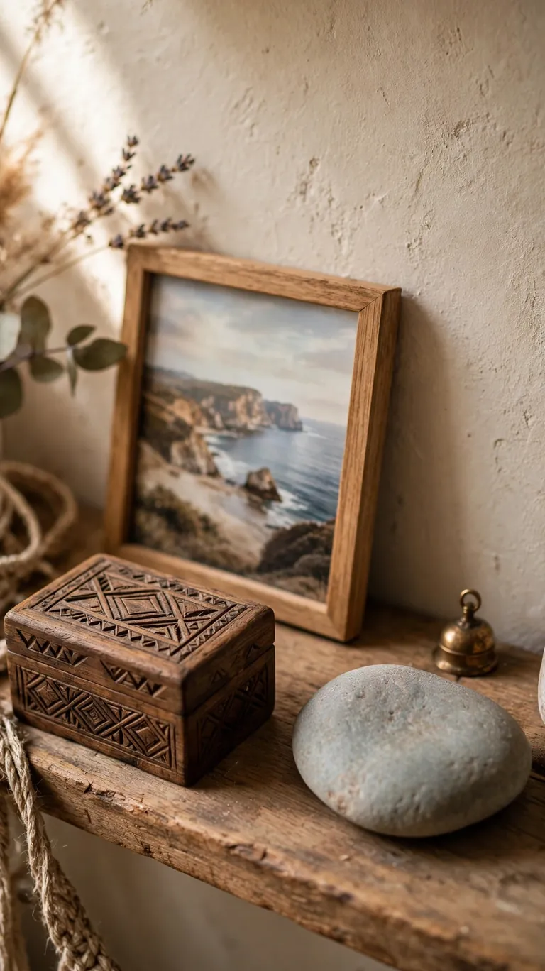 Styled shelf vignette of travel souvenirs including a carved box and framed photo.