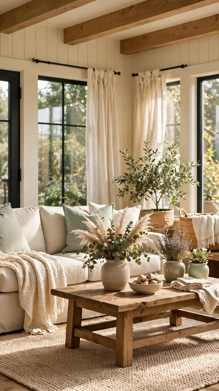 Farmhouse sunroom styled in a warm neutral palette of cream, oatmeal, soft sage, and natural wood tones.