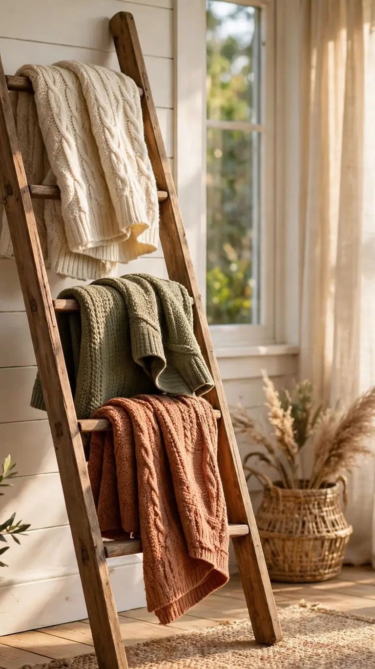 Wooden blanket ladder leaning against a sunroom wall with folded knit throws draped over the rungs.