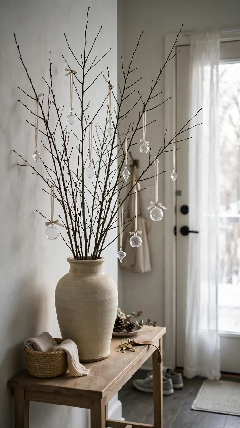 Bare branches in a vase decorated with hanging Christmas ornaments