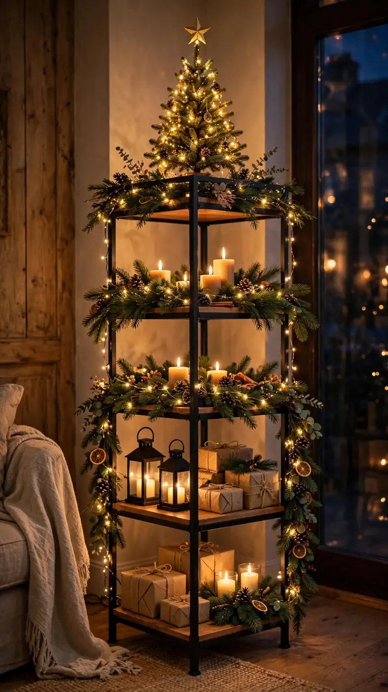 24 Festive Christmas Mantel Alternatives for Homes Without a Fireplace 22 A tall corner etagere styled for Christmas with lanterns below, greenery in the middle, and a star on top