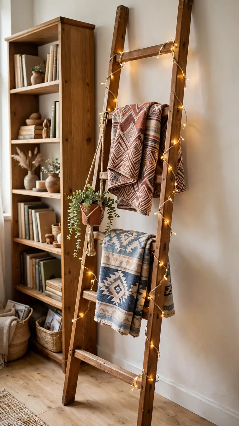 Wooden ladder leaned against a wall draped with folded throws in a boho living room.
