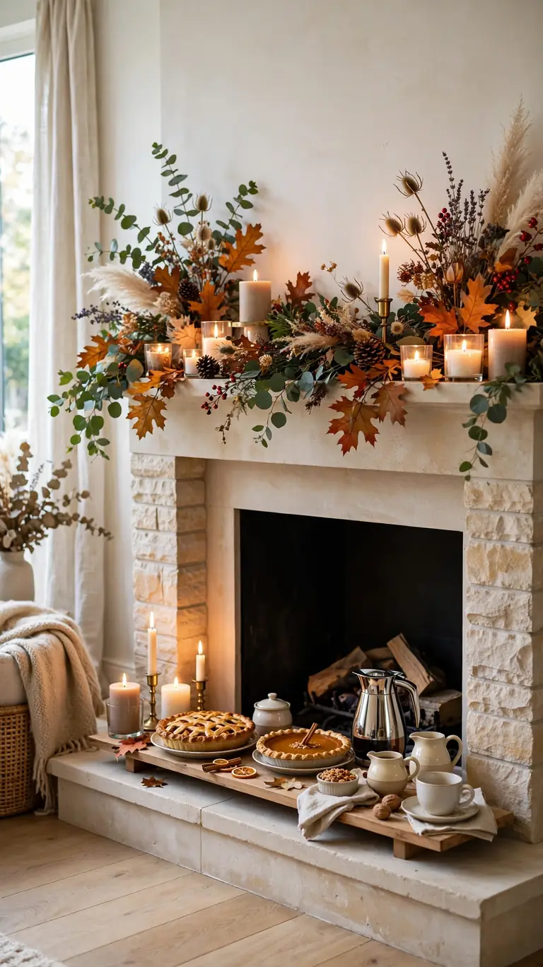 Fireplace mantel and hearth styled as a Thanksgiving dessert bar