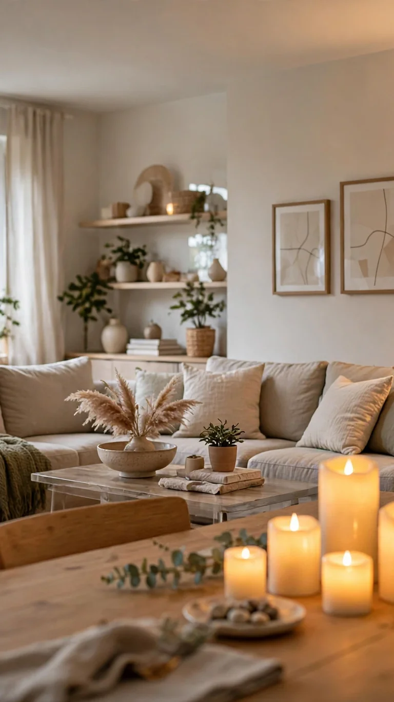 Floor lamp with upward shade bouncing soft warm light off the ceiling of a cozy apartment