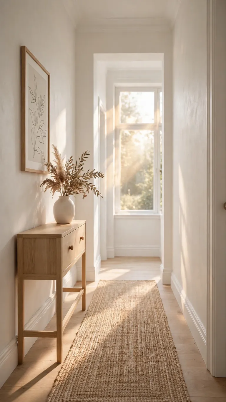 A bright all-white hallway with a jute runner and wood accents.