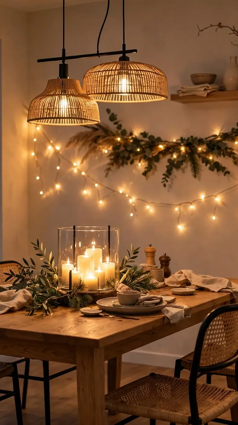 Apartment dining room with layered lighting from table candles, wall fairy lights, and a floor lamp