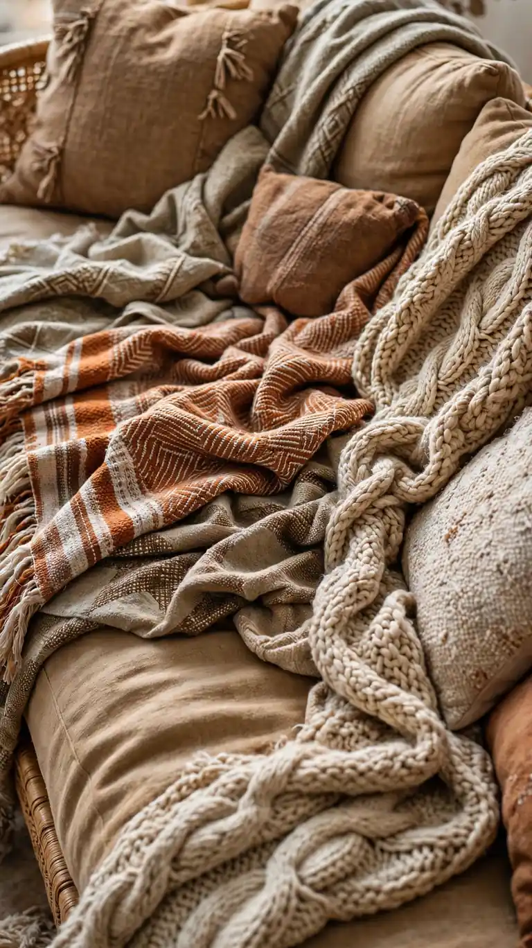 Boho sofa layered with casually draped throws and a chunky knit blanket.