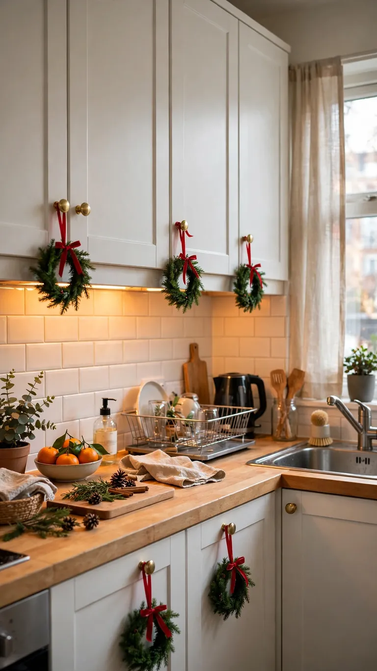 Mini Christmas wreaths hanging on kitchen cabinet knobs