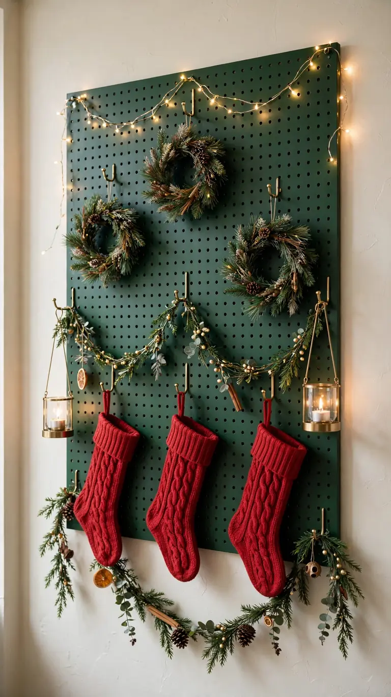 24 Festive Christmas Mantel Alternatives for Homes Without a Fireplace 23 A deep green pegboard wall display with hanging wreaths, stockings, and mini garlands on hooks