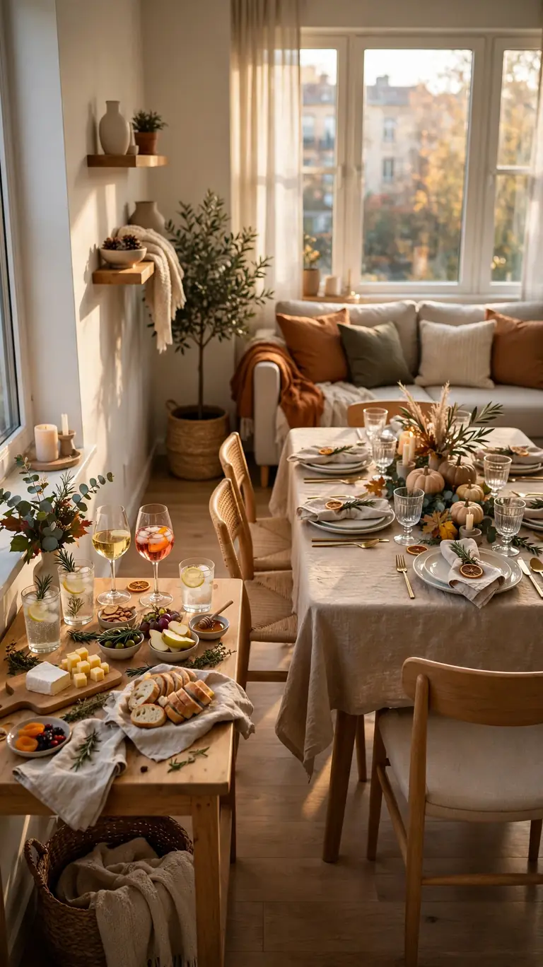 Guests arriving for appetizers while the main Thanksgiving table waits freshly set