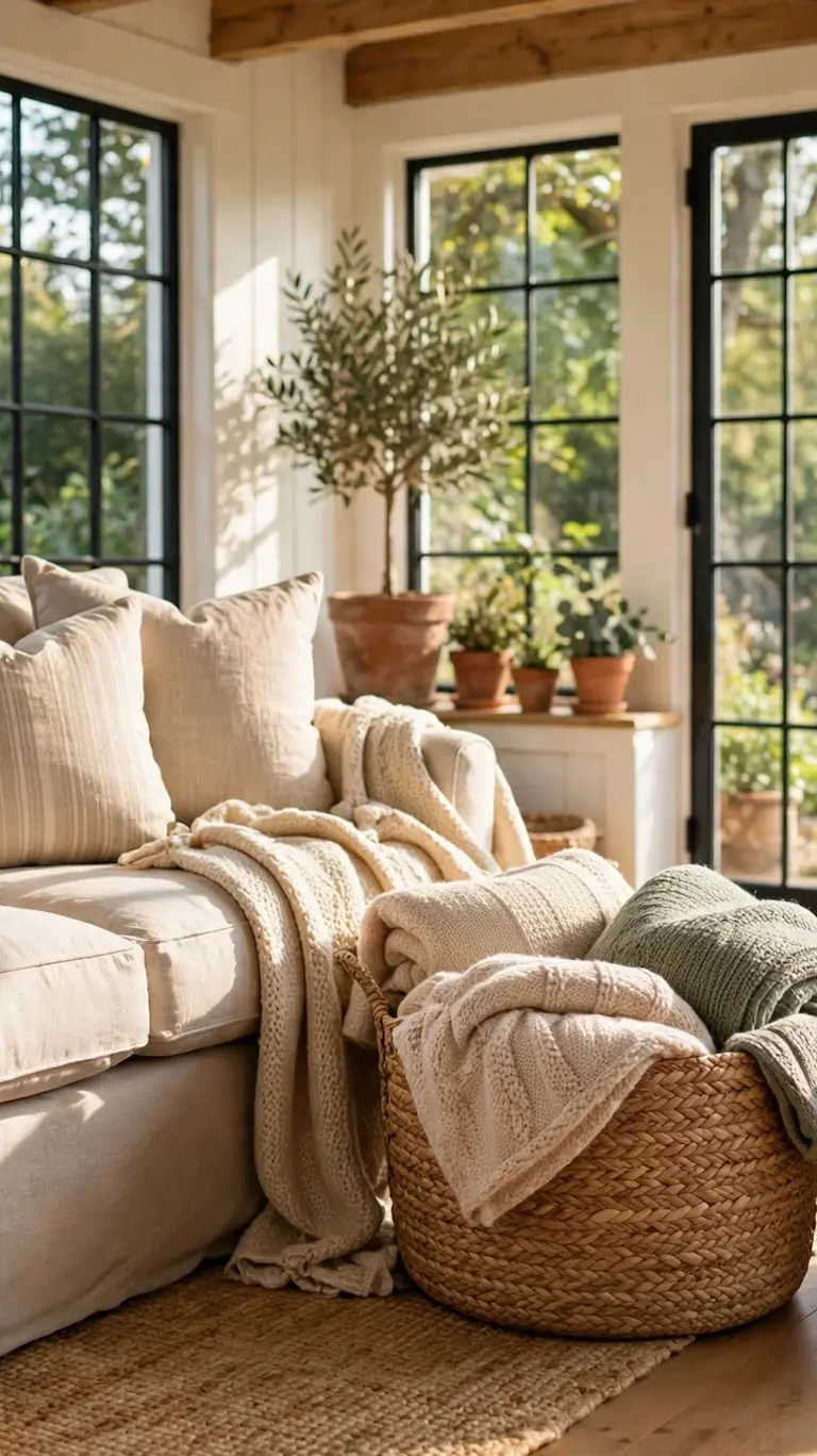Woven seagrass baskets used for blanket and magazine storage beside a sofa in a farmhouse sunroom.