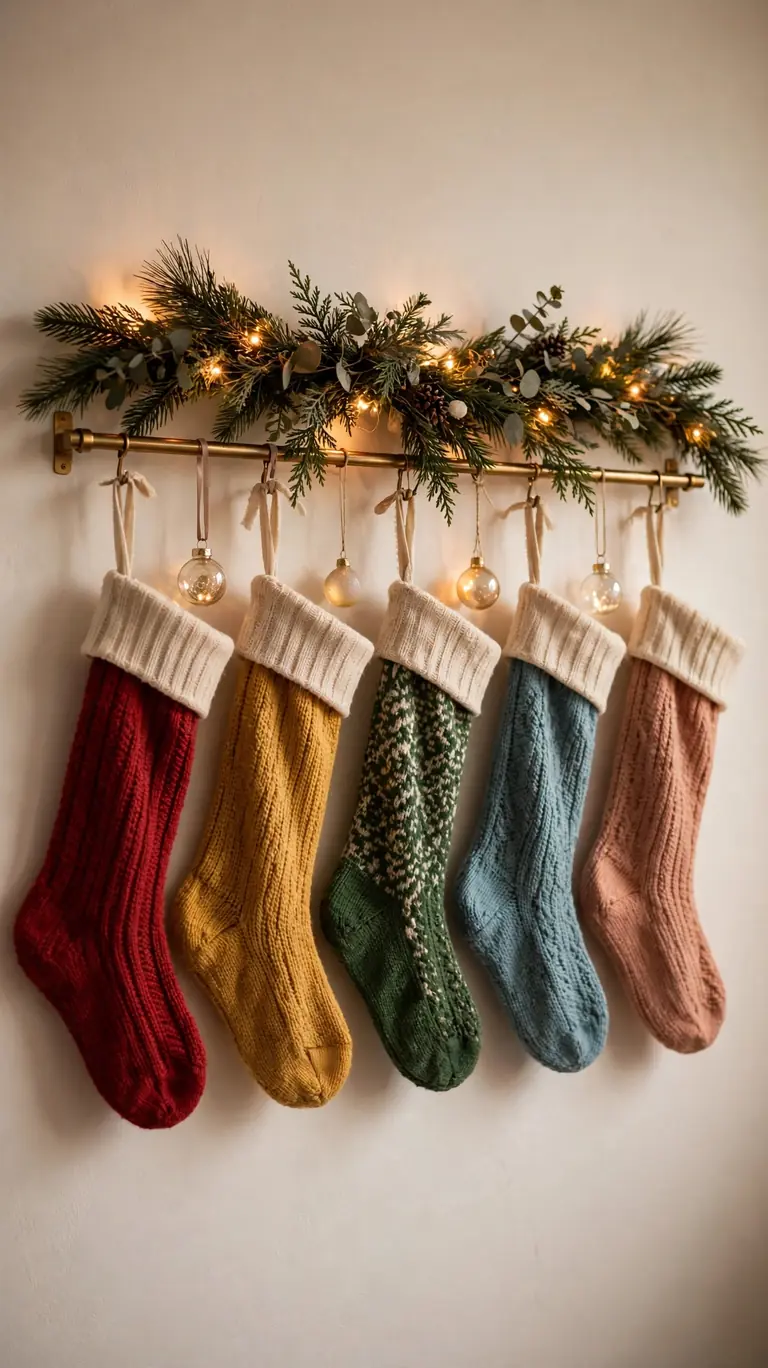 24 Festive Christmas Mantel Alternatives for Homes Without a Fireplace 24 A brass wall rail with Christmas stockings in a neat row, garland draped over the top, and small ornaments