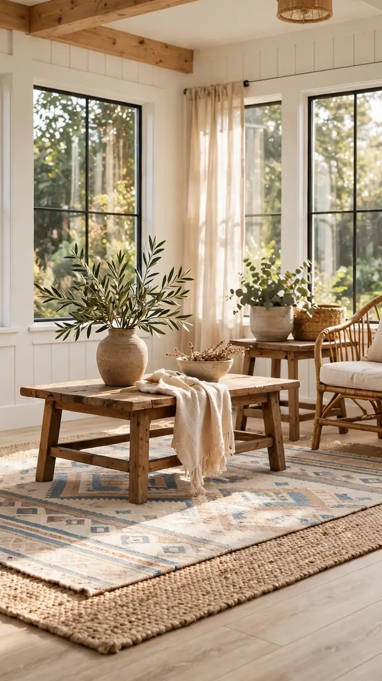 Light wood-look vinyl plank flooring in a bright farmhouse sunroom with a layered area rug on top.