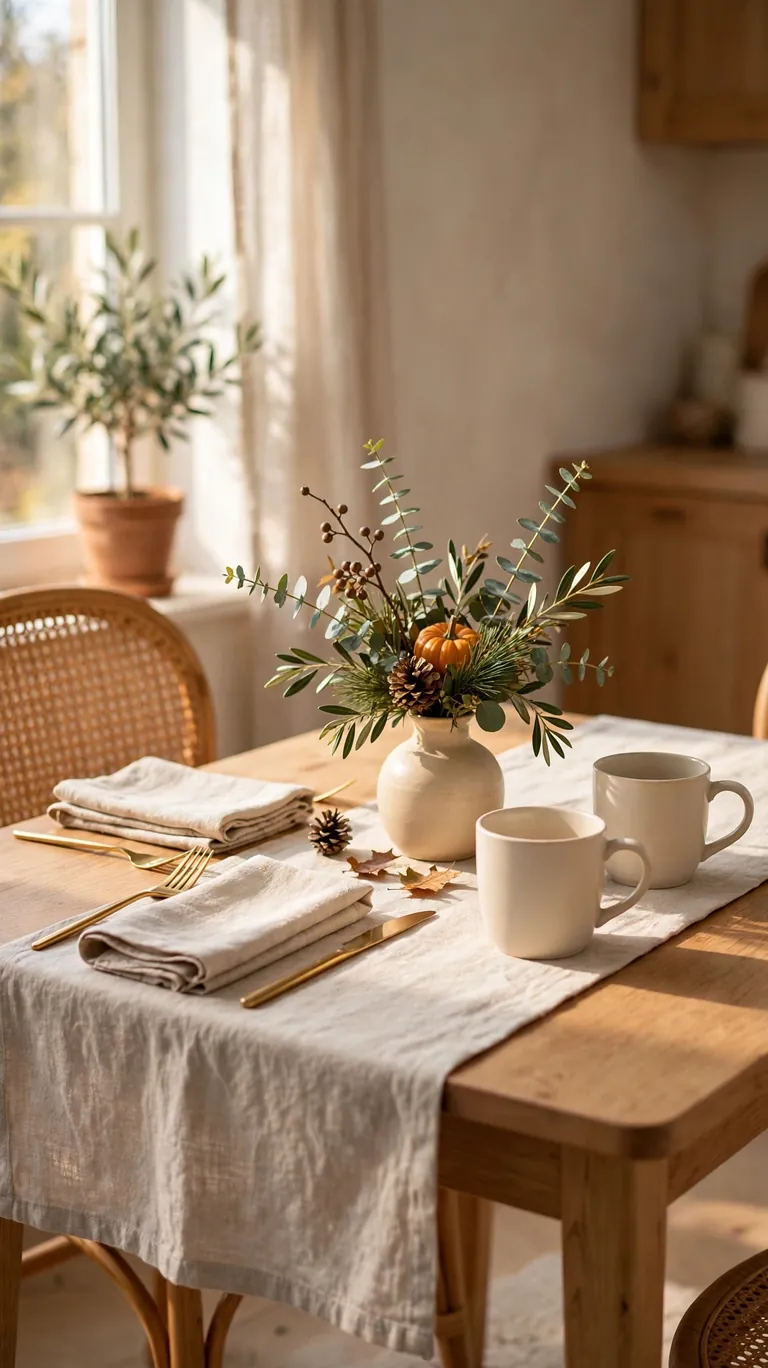 Small dining table being reset with a fresh runner between Thanksgiving courses
