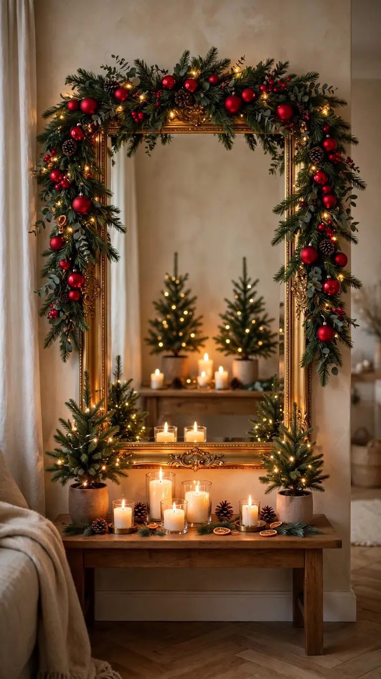 24 Festive Christmas Mantel Alternatives for Homes Without a Fireplace 25 A large framed mirror wrapped in Christmas garland with lights, candles reflected below on a console