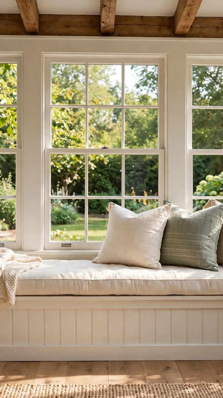Built-in window seat with a thick cream cushion and throw pillows beneath wide sunroom windows overlooking a garden.