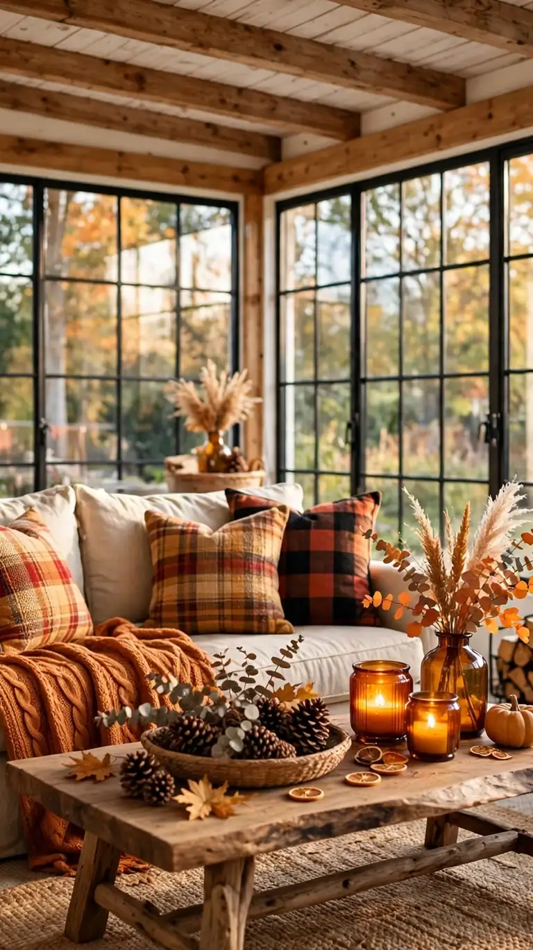 Farmhouse sunroom styled with seasonal fall touches including plaid pillows, pinecones, and warm amber accents.