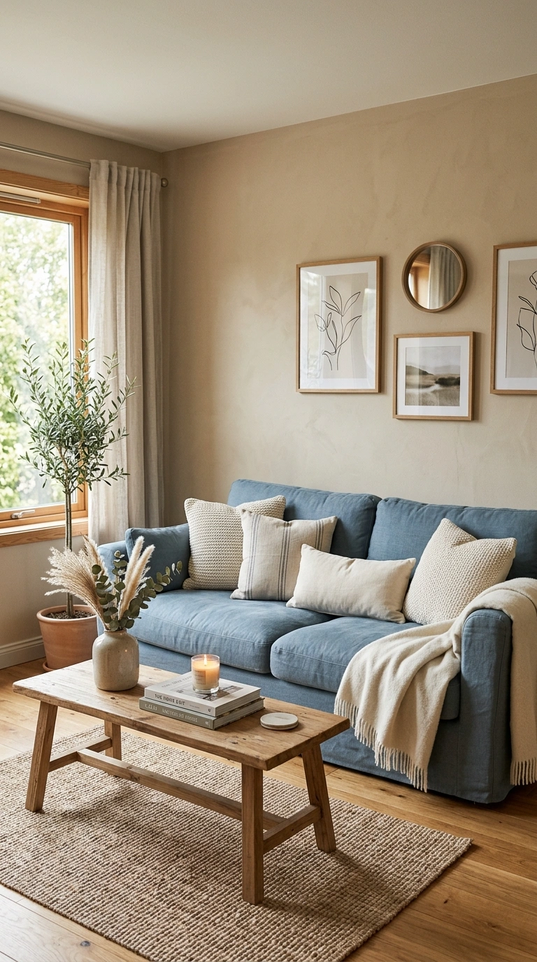 23 Blue and Beige Living Room Ideas That Make This Classic Pairing Work 2 001 1 Beige Walls Blue Sofa A living room with warm be