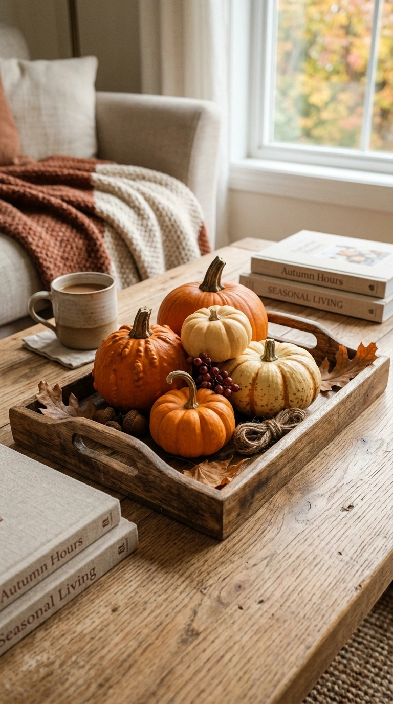 001 1 Mini Pumpkin Cluster A wood tray on a coffee tab