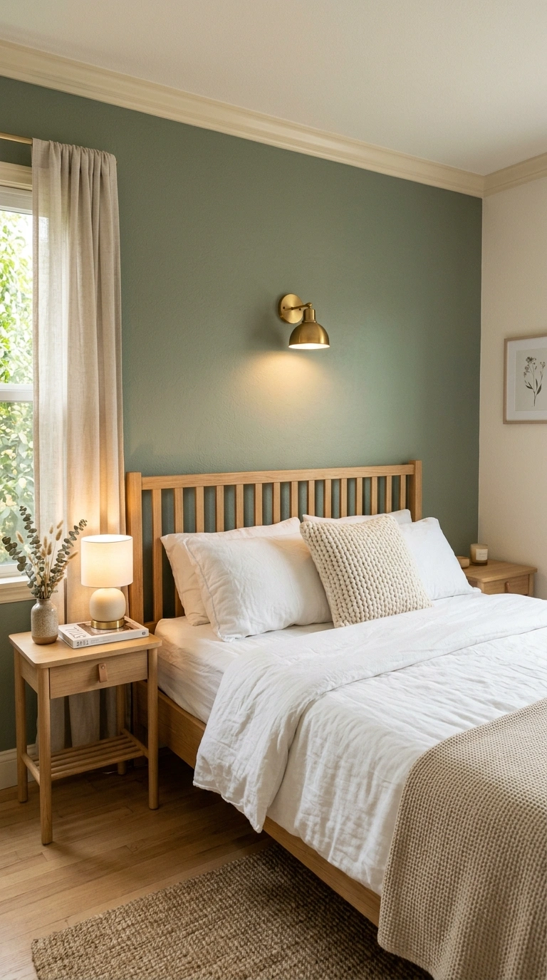 001 1 Sage Green Accent Wall A bedroom with a sage gre