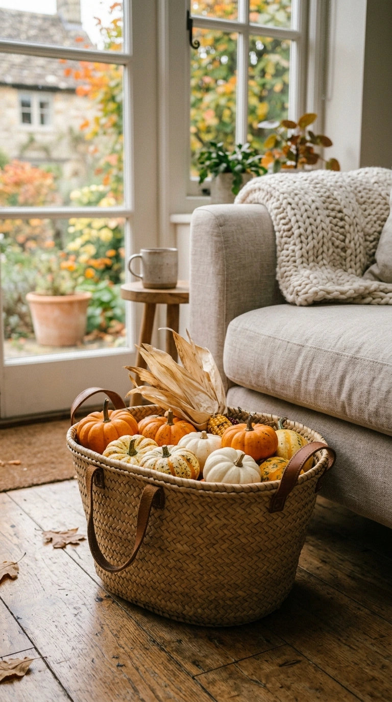 15+ Charming Fall Decor Ideas to Make Your Home Feel Cozy 2 001 1 Woven Pumpkin Basket A woven basket filled with