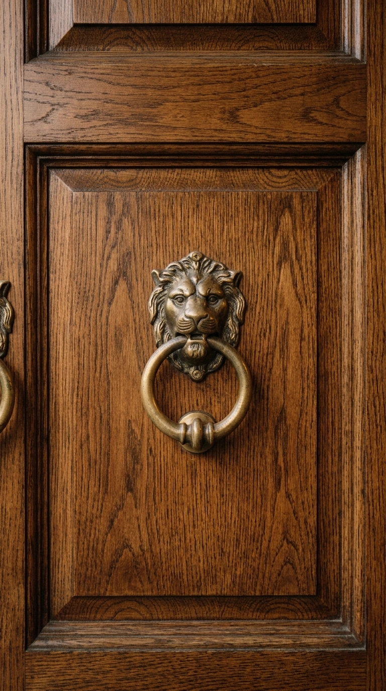 001 Brass Door Knocker A close up of a warm wood stain