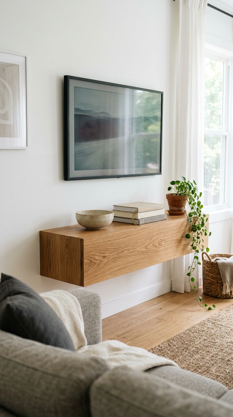 001 Floating Wood Console A minimalist living room wit