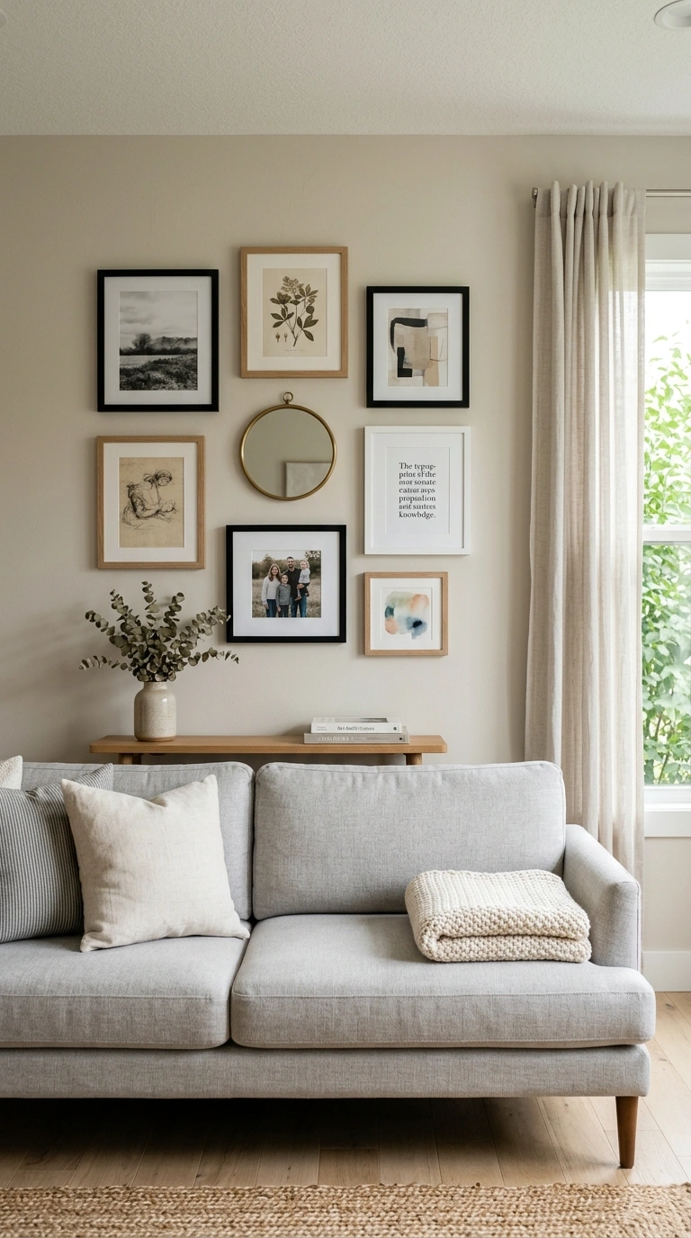23 Easy Wall Decor Ideas to Make Any Room Look Brand New 2 001 Gallery Wall Display A living room wall above a li