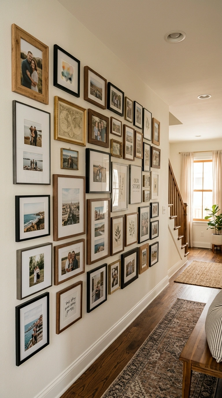 001 Gallery Wall Frames A hallway wall filled with a m