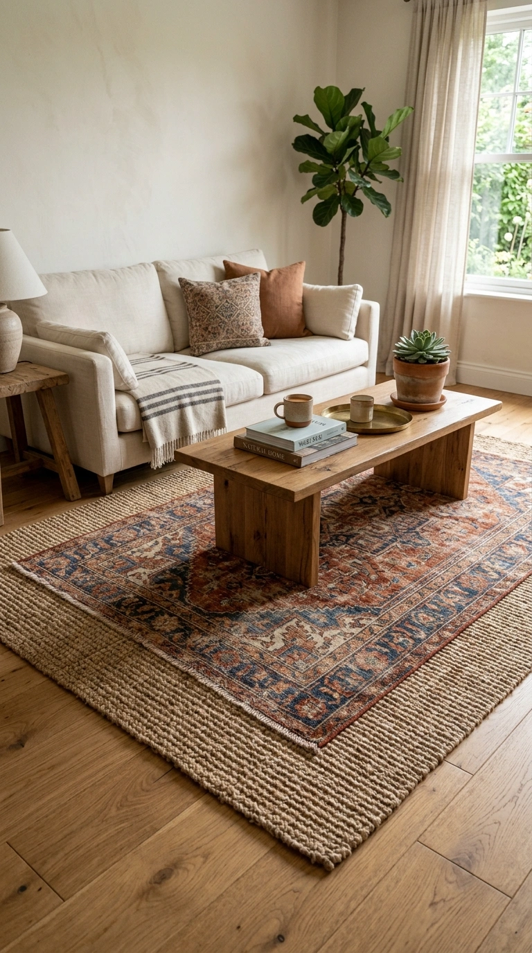 001 Layered Jute Rugs A living room floor with a large