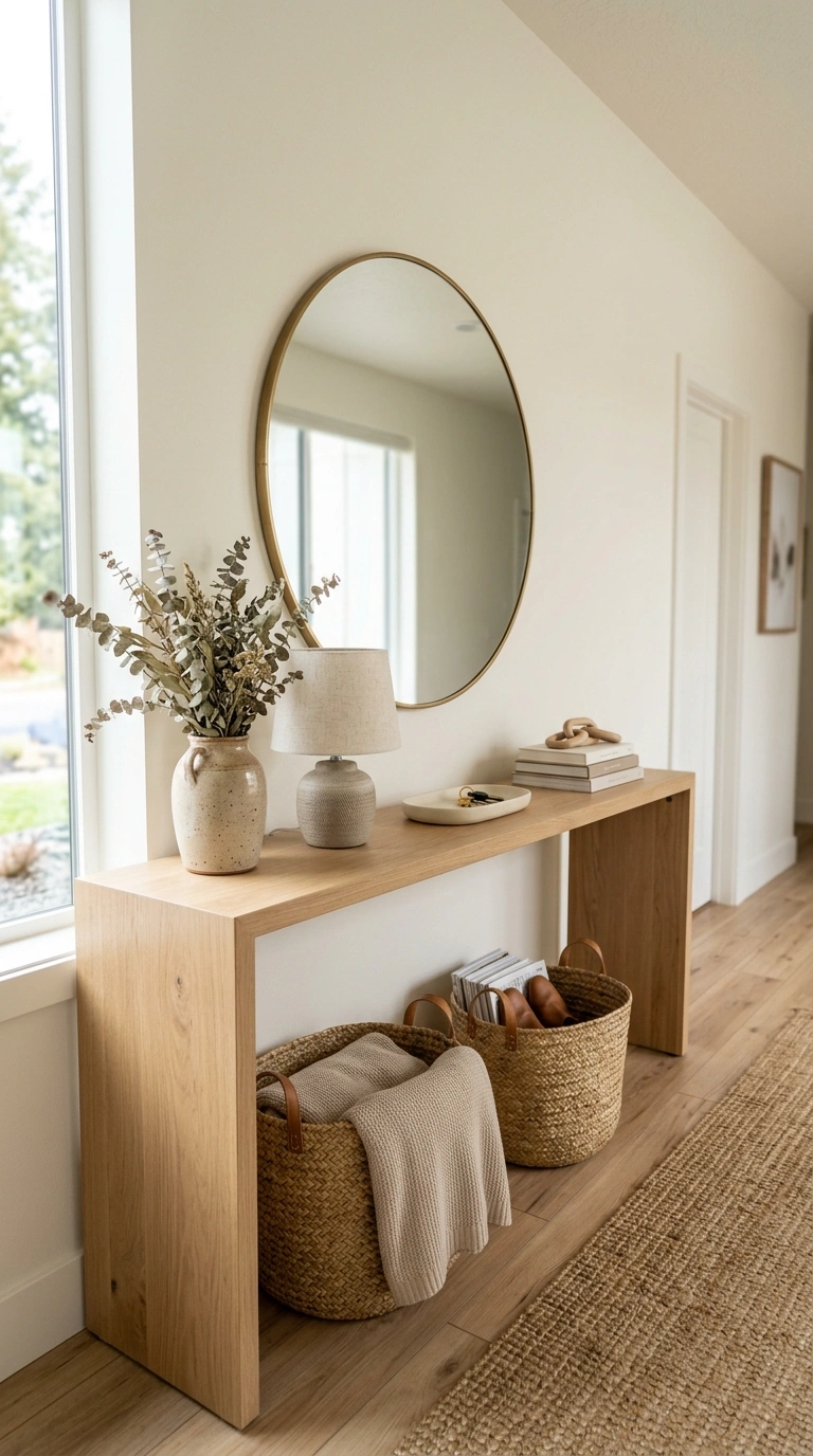 24 Large Entry Hallway Ideas for a Stylish First Impression 2 001 Long Wood Console A wide entry hallway with a long