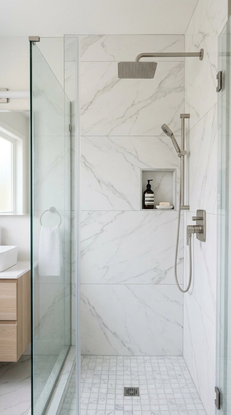 001 Marble Look Tiles A small bathroom shower wall cov