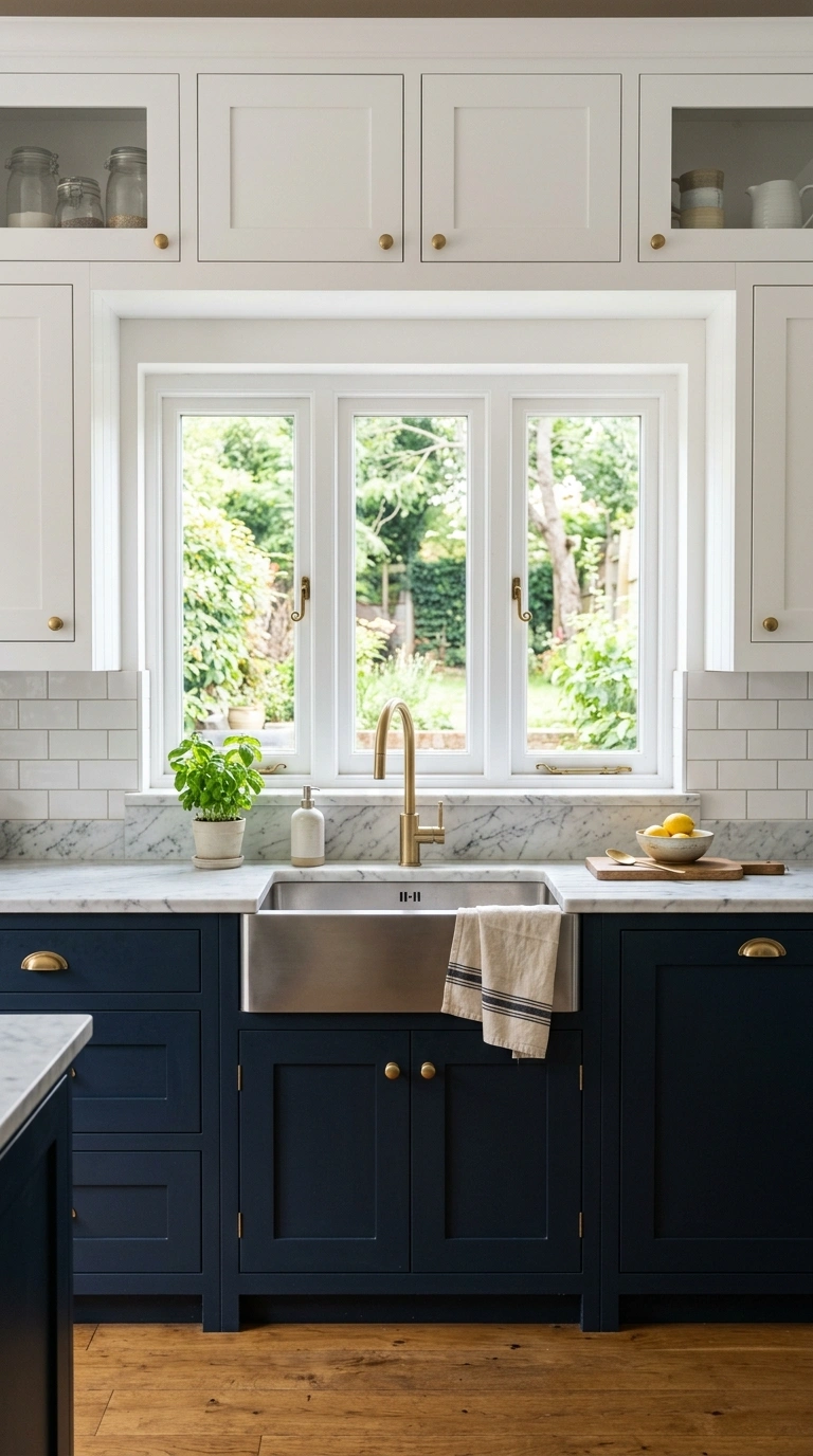 23 Two-Tone Kitchen Ideas That Look Expensive and Timeless 2 001 Navy Lower White Upper A kitchen with matte navy l