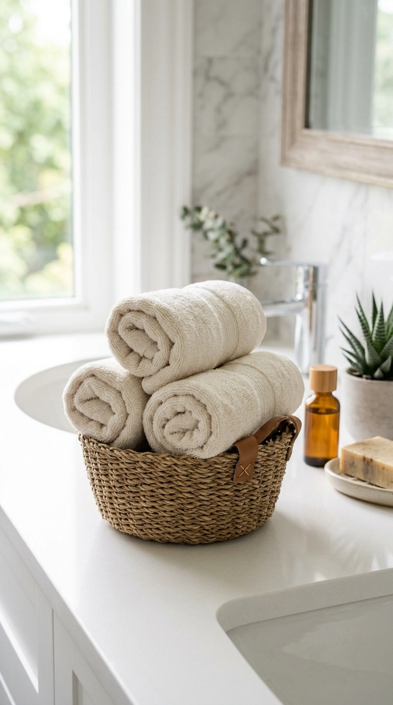19 Elegant Guest Bathroom Decor Ideas You'll Want to Copy 2 001 Rolled Towel Display A close up shot of three roll