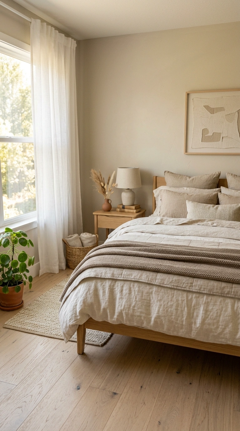 Neutral but Not Boring: California Coastal Interior Design 2 001 Sandy Neutral Palette A bedroom with soft oat colo