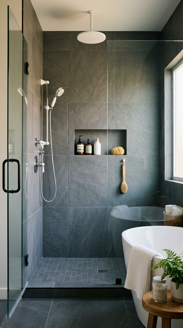 001 Slate Gray Tile Walls A bathroom shower enclosure