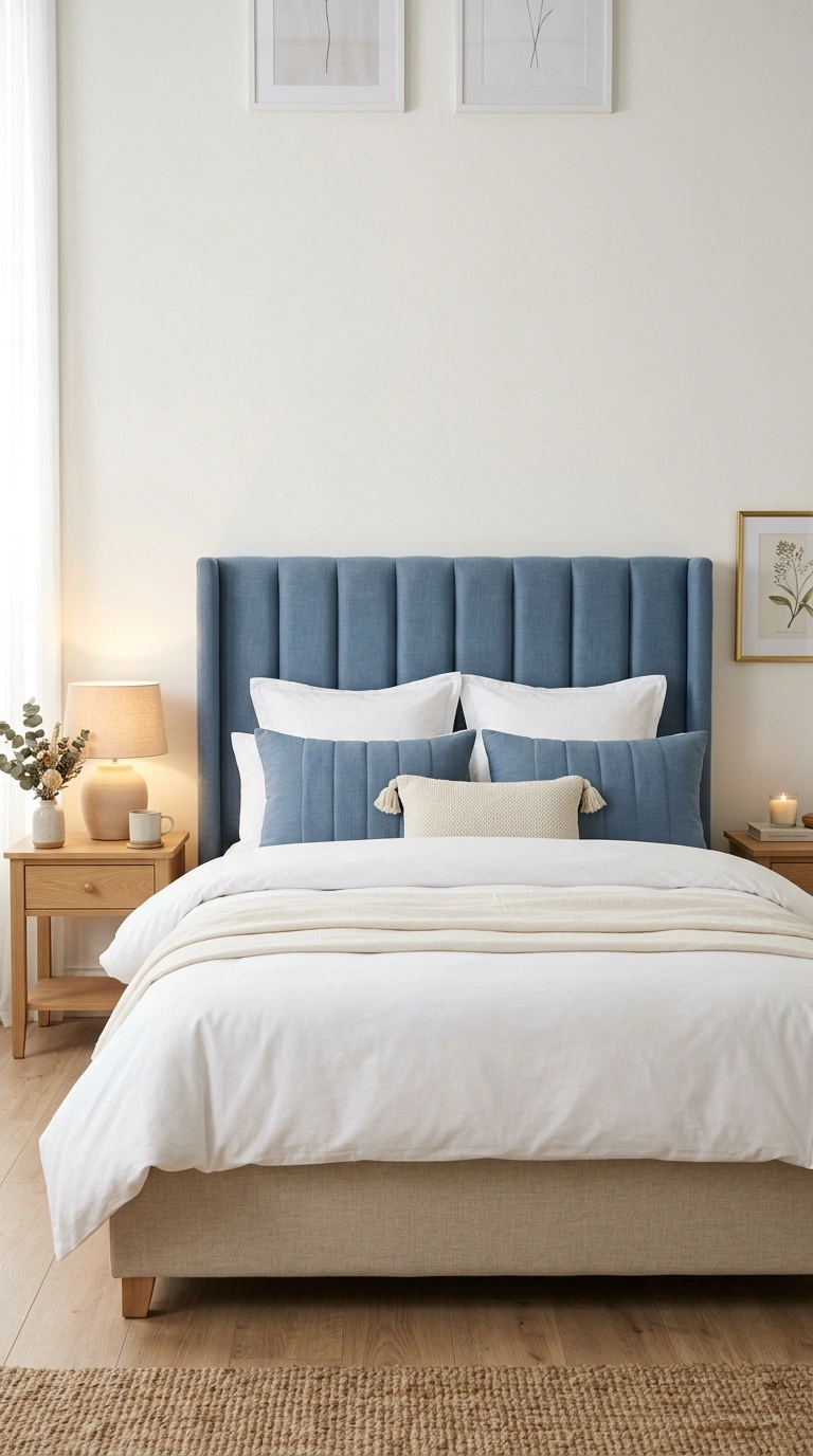 001 Soft Blue Headboard A bedroom featuring a channel