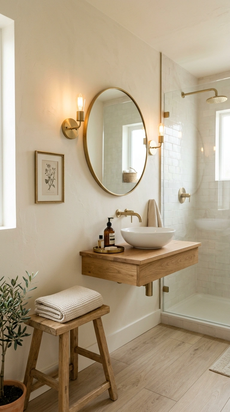 19 Best Bathroom Color Schemes for Every Style 2 001 Warm Ivory And Brass A small bathroom with warm iv