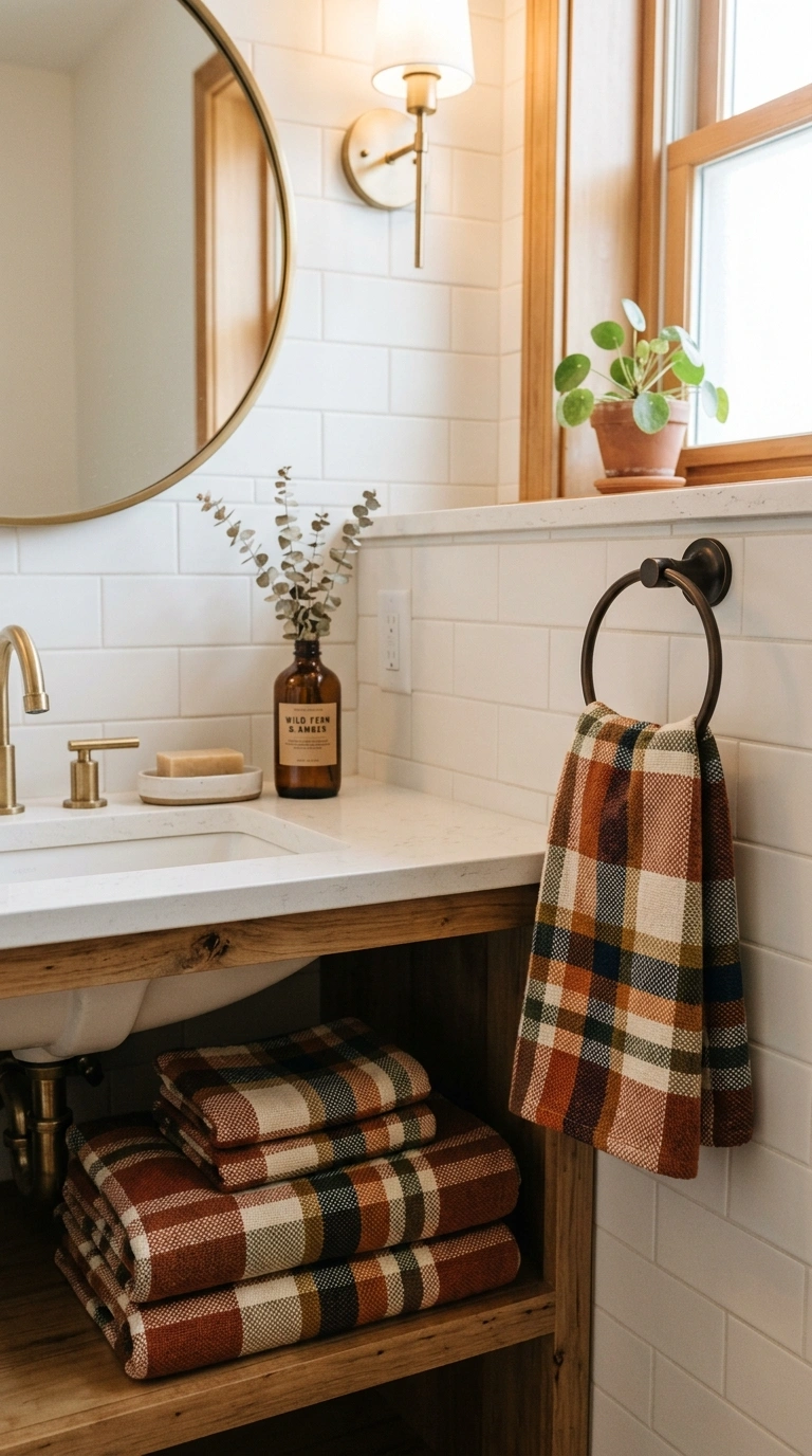 001 Warm Plaid Towels A bathroom vanity area with a fo