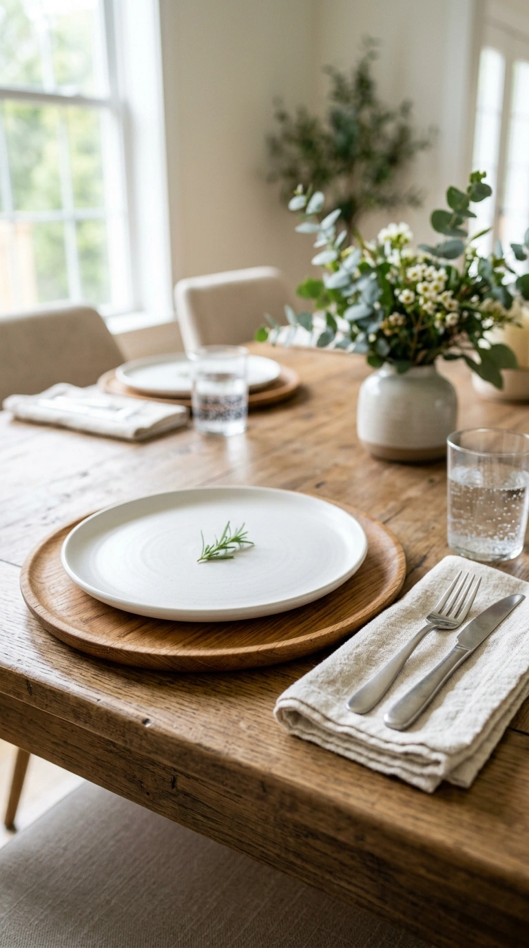 17 Dining Table Decor Ideas to Create a Beautiful Tablescape 2 001 Wooden Charger Plates A close up eye level shot of