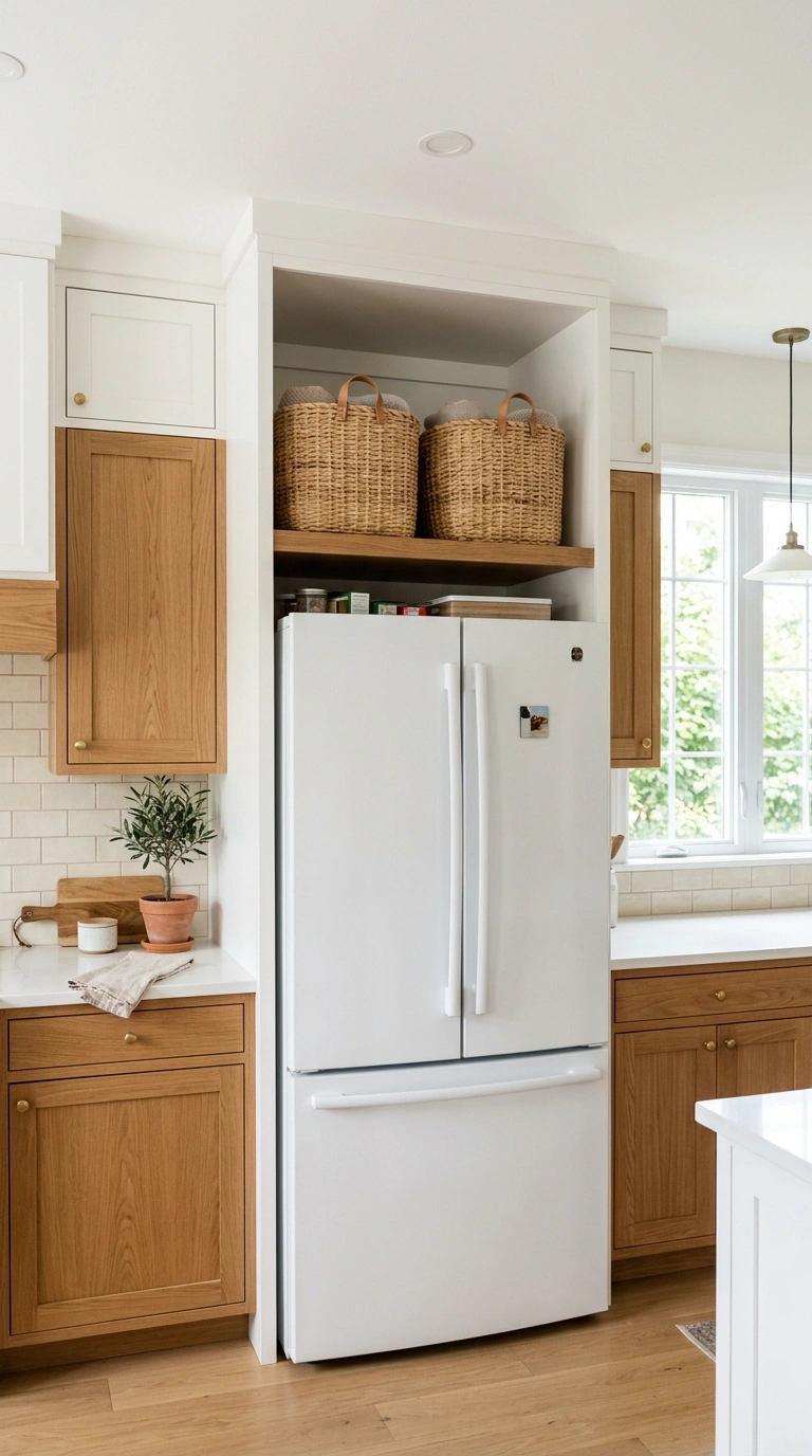 001 Woven Storage Baskets A modern white kitchen with