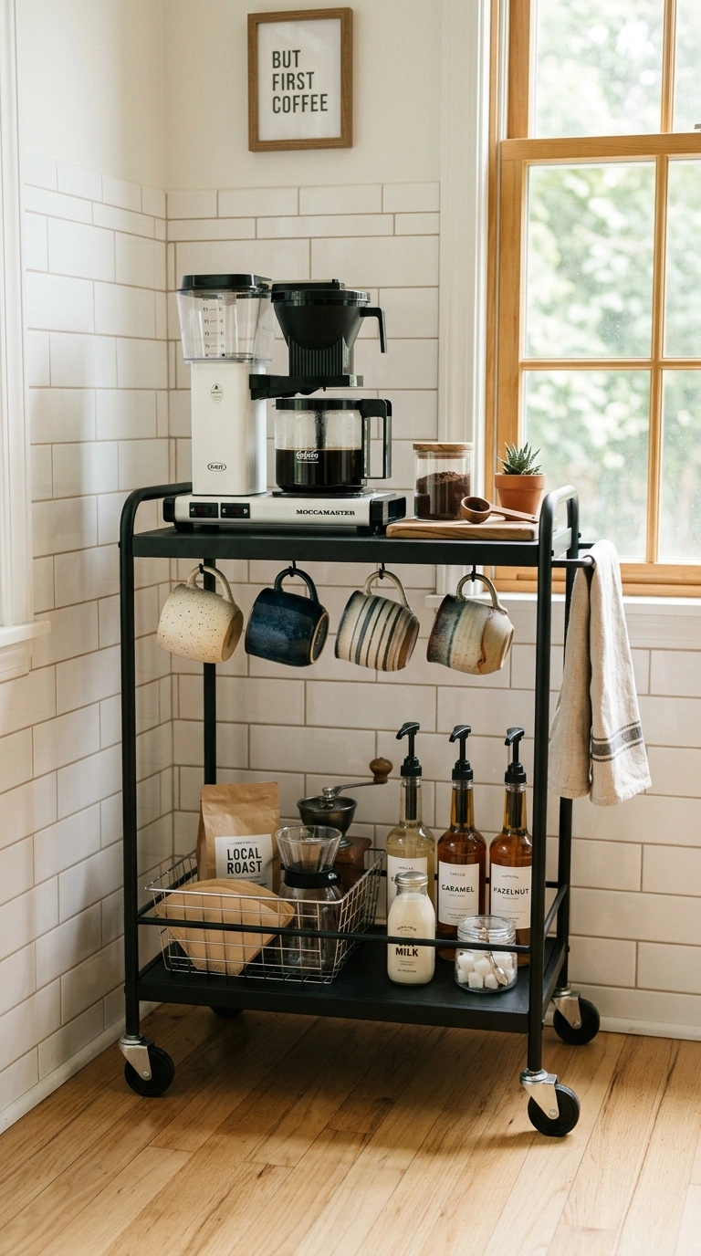 002 2 Bar Cart Coffee Station A small metal bar cart i