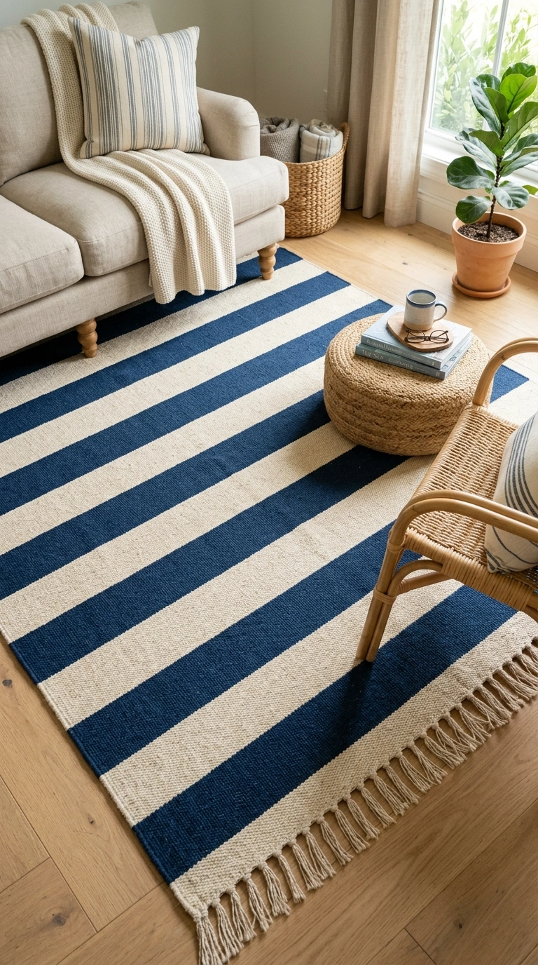 23 Blue and Beige Living Room Ideas That Make This Classic Pairing Work 3 002 2 Blue Striped Area Rug A living room floor with a