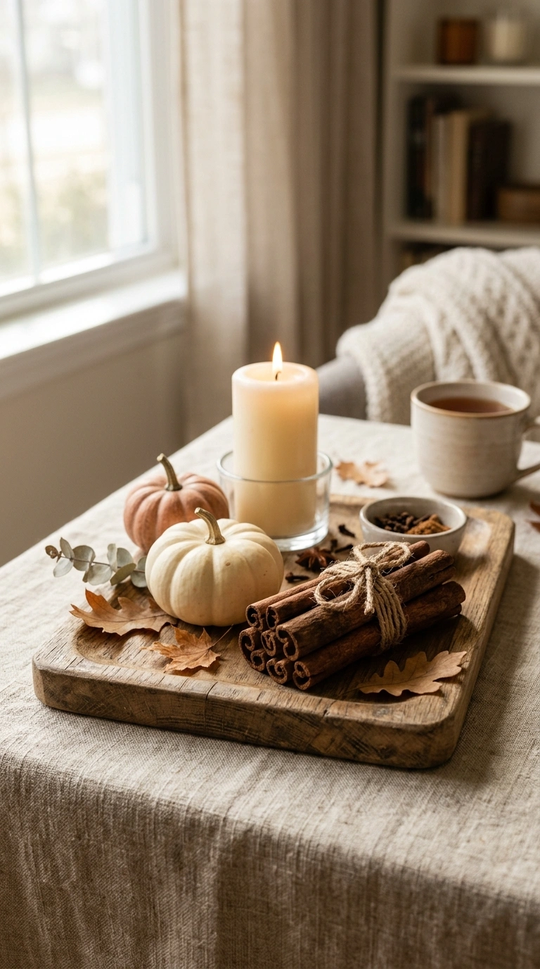 002 2 Cinnamon Stick Bundle A wood tray styled with a
