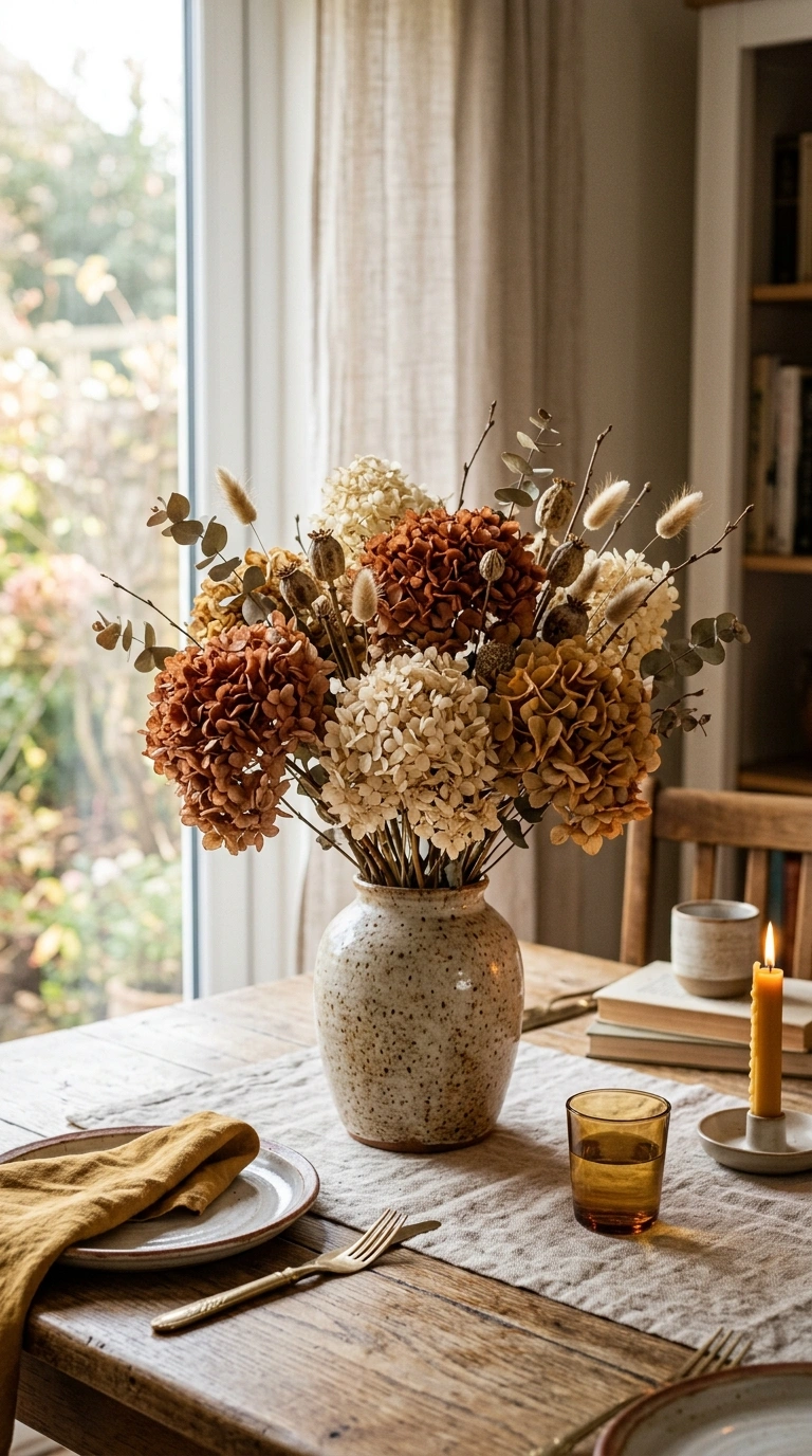 15+ Charming Fall Decor Ideas to Make Your Home Feel Cozy 3 002 2 Dried Hydrangea Bouquet A ceramic vase filled wi