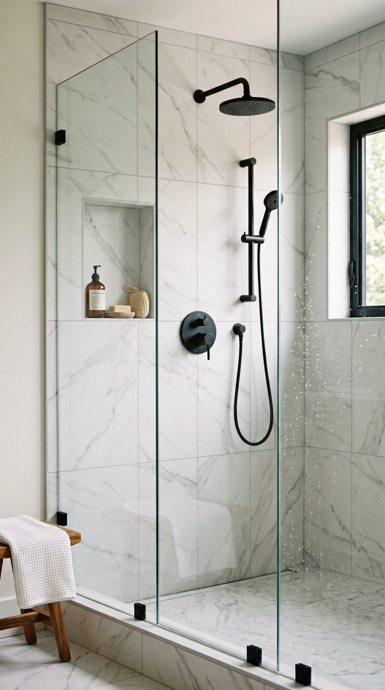 002 2 Large Format Tile A small bathroom shower with l
