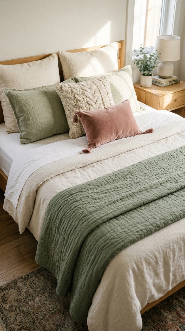 002 2 Layered Sage Bedding A neatly made bed layered w
