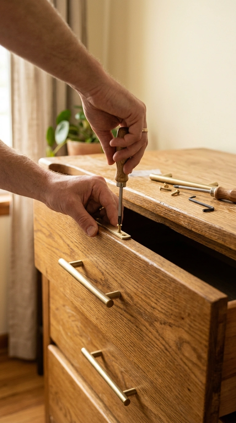 002 2 Swap Out Hardware Close up of a wood dresser dra