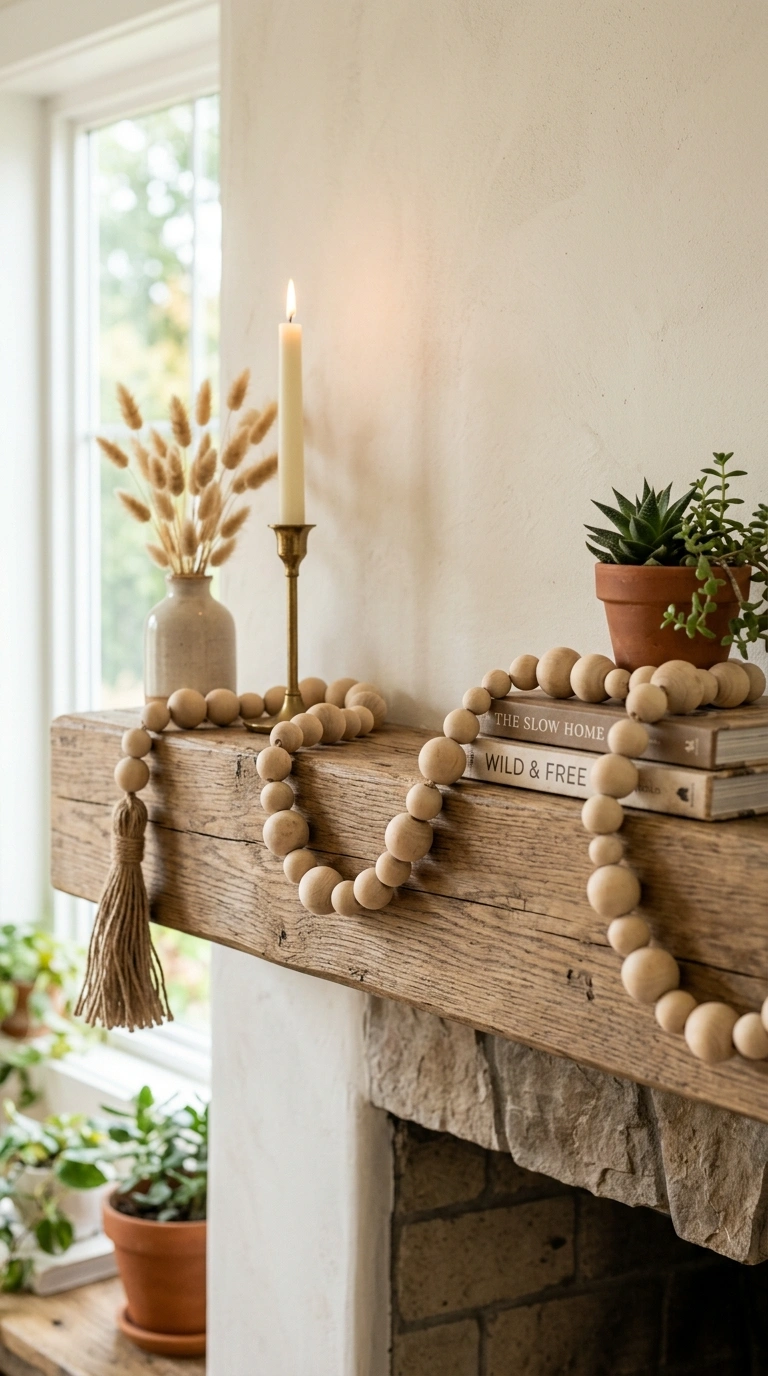 25 Dollar Tree Fall Decor Ideas That Look Expensive 3 002 2 Wood Bead Garland DIY A mantel styled with a han